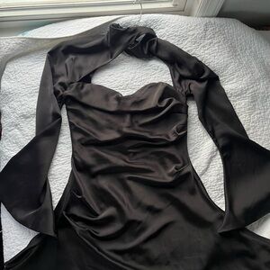 House of CB Elegant Black Satin Long Sleeve Dress
